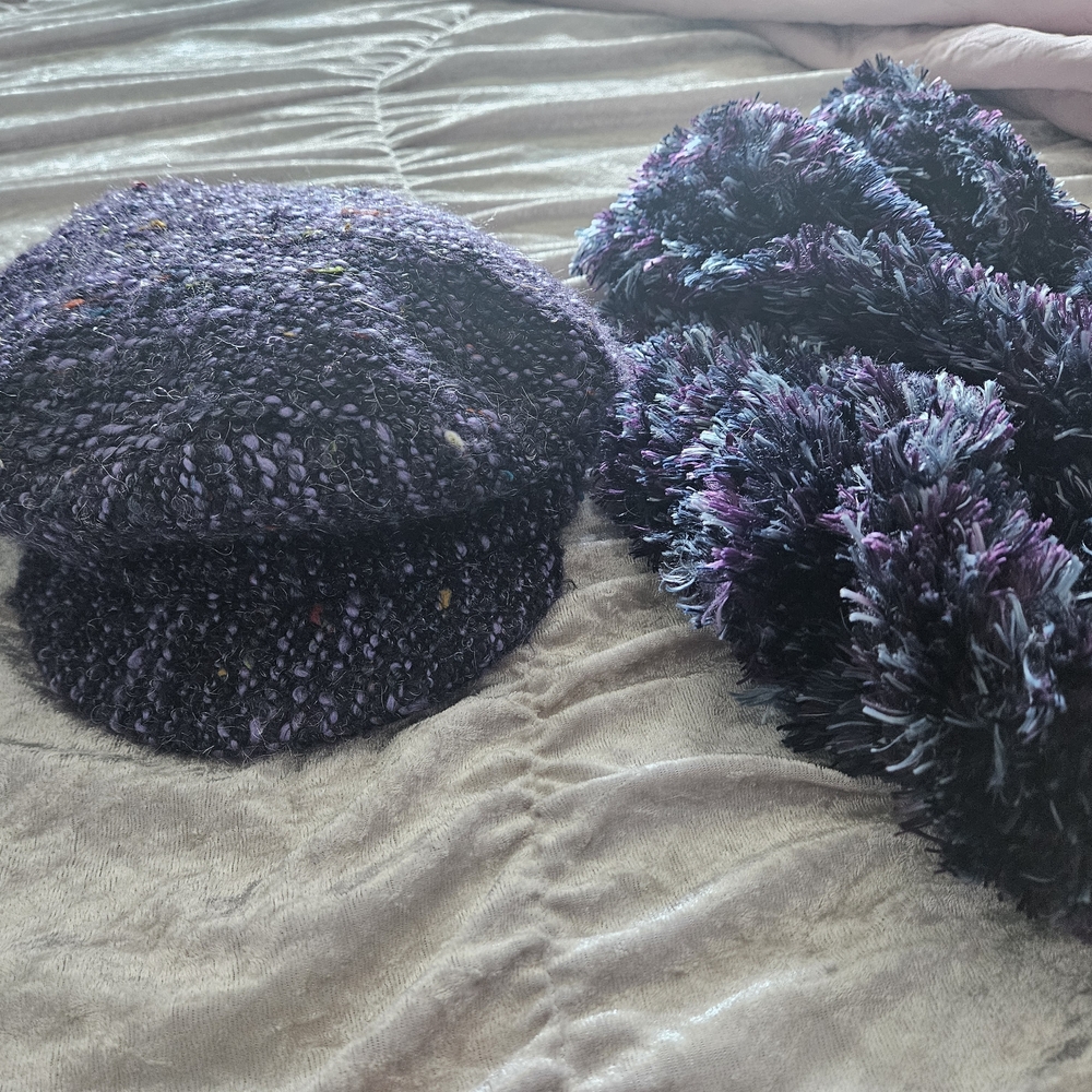 Purple Textured Newsboy Style Hat and Fuzzy Purple Blue Scarf Set